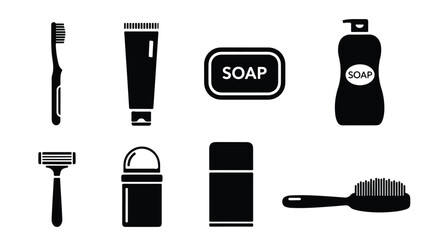 Vector silhouette illustration a group of black personal care and hygiene product icons, featuring a tube, soap, deodorant, and capsule, isolated on white
