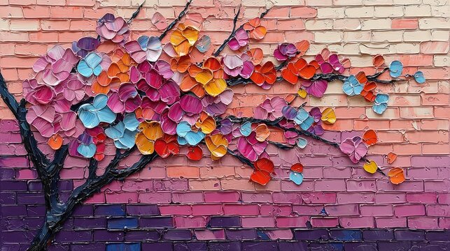 Vibrant blossom branch on a brick wall