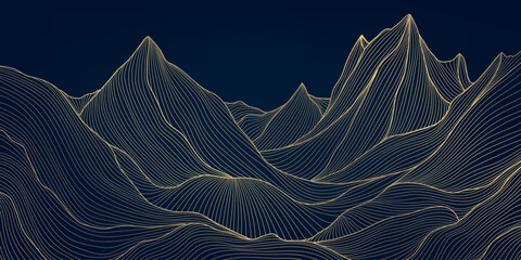 Vector art line gold mountain background, japanese abstract nature hills, rocks, sea graphic. Curve luxury view texture. © marylia17
