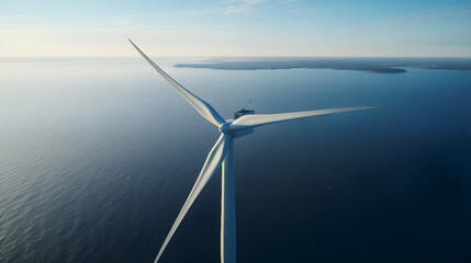 Aerial View of Offshore Wind Farm Over Calm Blue Sea and Sky