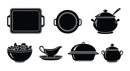Vector silhouette illustration a collection of black and white illustrations of various kitchenware and cookware items, including baking dishes and a gravy boat