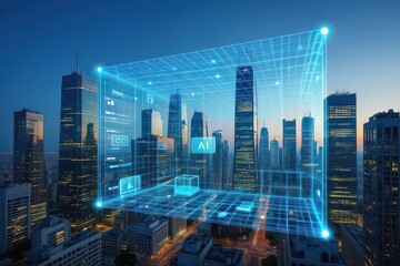 Obraz premium Visionary smart city showcasing advanced artificial intelligence and interconnected digital infrastructure for a futuristic urban landscape.