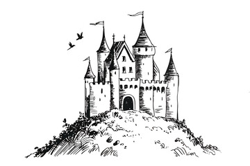 Obraz premium Enchanting Castle Illustration with Turrets and Flags perched atop a Green Hill against a White Sky backdrop