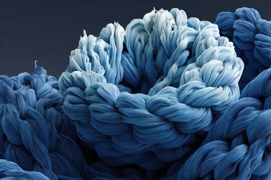Abstract, swirling, textured fabric in shades of blue, creating a 3D, organic, knotted form