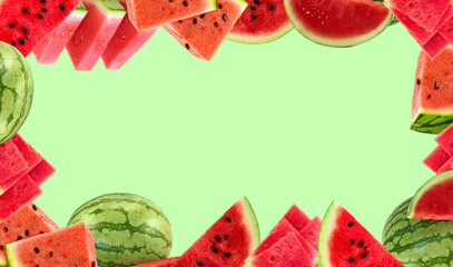 PNG fresh watermelon frame on light green background