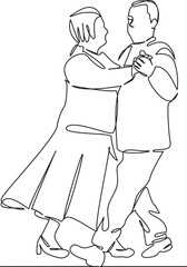 One continuous single drawing line art flat doodle dancing, man, woman, adult, lifestyle, romance, happiness, elderly. Isolated image hand draw contour on a white background, hand drawn, not AI