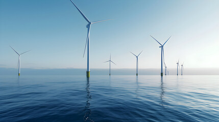 Offshore Wind Farm with Multiple Turbines Over Calm Sea and Blue Sky