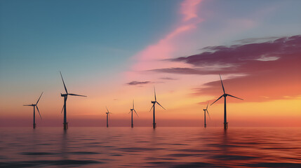 Offshore Wind Farm at Sunset with Pink Sky and Calm Sea During Golden Hour