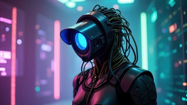 Robot envuelto en cables, con la cabeza reemplazada por una c&aacute;mara de vigilancia, parado dentro de una habitaci&oacute;n digital llena de fallas y filtraciones de datos