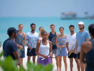 Group of diverse individuals gathered on a beach for a tennis training session, with rackets in hand, showcasing teamwork and athleticism in a vibrant coastal environment