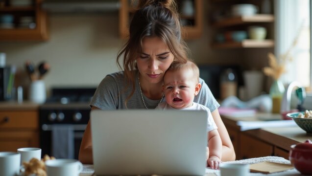 Una mujer sostiene a un beb&eacute; llorando mientras trabaja de forma remota con una computadora port&aacute;til en una mesa de cocina desordenada, lo que muestra la crianza moderna y el estr&eacute;s laboral