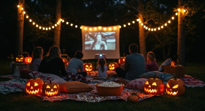 Spooky season outdoor cinema under the stars, a family halloween film screening creating festive - Powered by Adobe