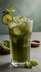 Fototapeta premium Refreshing green matcha drink with ice, lime slice, and mint sprig on a gray surface