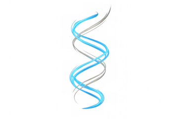 Blue and grey swirling lines forming a dynamic double helix shape against a transparent background, embodying modern scientific innovation
