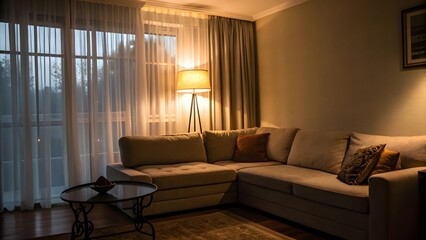 Serene Living Room with Sofa, Lamp, Curtains, and Table Interior Design Photography Concept