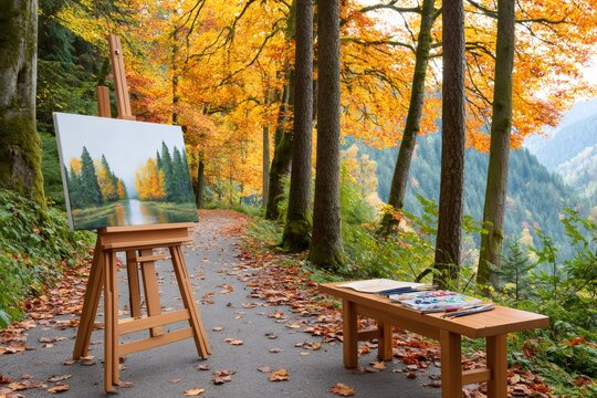 Painting en plein air in beautiful autumn forest landscape