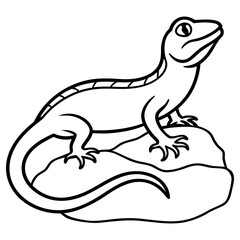 A black and white drawing of a lizard perched on a rock