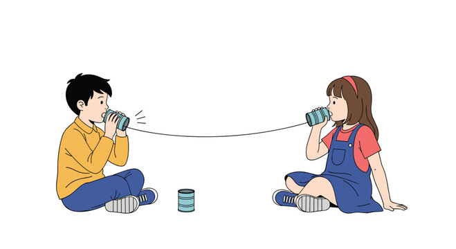 Children having fun communicating using a string telephone made from cans and string a classic childhood activity for connection and imaginative play