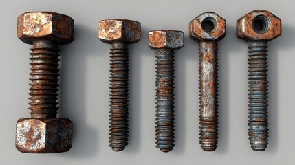 Photograph of six assorted rusted metal bolts and nuts with various head shapes and sizes.