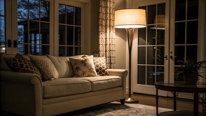 Elegant Living Room with Floor Lamp and French Doors Opening to Outdoor Space at Night