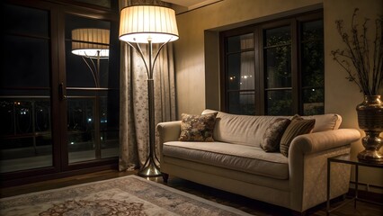 Sophisticated Living Room with Floor Lamp and Balcony View at Night for Relaxation