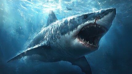 Majestic Great White Shark Swimming in Deep Ocean Waters