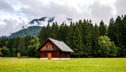 Obraz premium Wooden cabin in a meadow, mountains and forest in the background