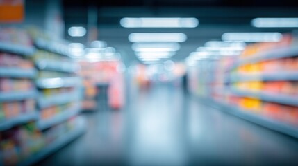 Fototapeta premium Blurred supermarket aisle with colorful shelves and bright ceiling lights. Soft bokeh perspective. Sense of choice and consumer focus. Ideal for retail marketing and business presentations.
