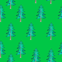 seamless pattern of hand drawn christmas tree on green background, watercolor illustration