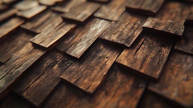 Photograph of layered wood planks forming a textured, geometric pattern.