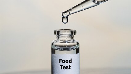 Clear glass vial with food test label and dropper releasing liquid in laboratory setting