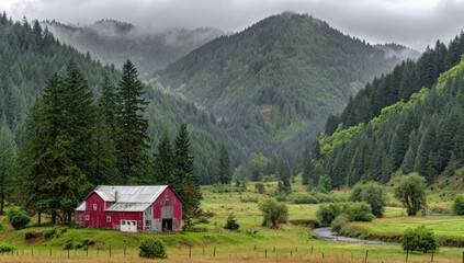 Red barn sits in a valley meadow near a stream; misty evergreen forests cover the mountains in the background, under an overcast sky