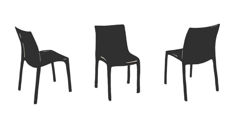 Hand drawn plastic chairs vector illutsrtation. Outdoor furniture sketch set in various angles