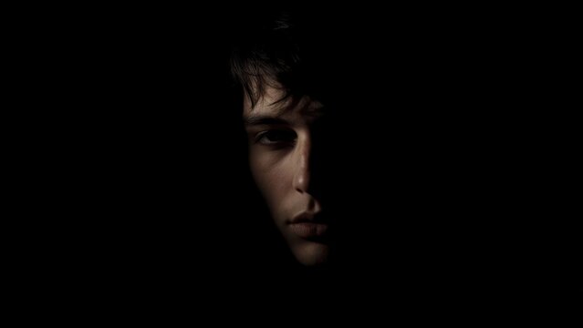 Half-lit portrait of a young man's face, partially obscured by shadow