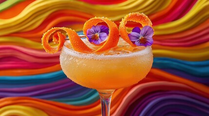 Vibrant Cocktail with Orange Twist and Flowers on Colorful Background