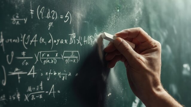 Hand writing complex mathematical equations on a green chalkboard