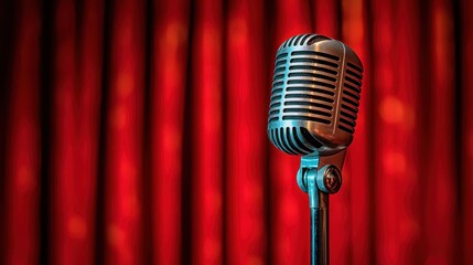 Vintage Microphone Against a Red Velvet Curtain in a Performance Space