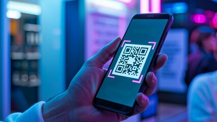 Smartphone QR code scanning with neon light hand digital edge technology showcasing futuristic AI concept in vibrant modern environment - Powered by Adobe