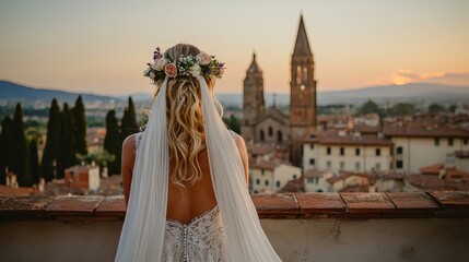 Romantic Bride Overlooking Historic Cityscape at Sunset