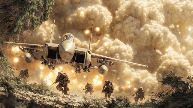 Military aircraft under dramatic battle conditions.