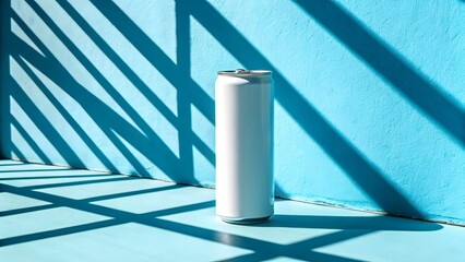 Aluminum Can Mockup on Blue Background with Shadow Lines for Product Presentation