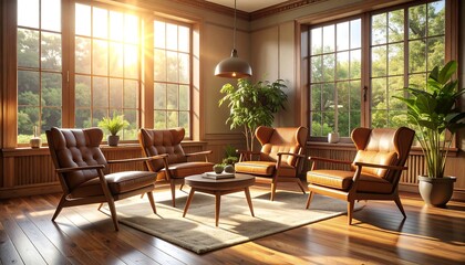 Obraz premium Sunlit room with leather armchairs, wood floors, and potted plants