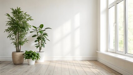 Indoor Plants in a Bright Room with Natural Light and Wooden Floors Create a Fresh Atmosphere