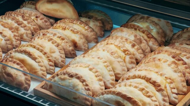 Various empanadas displayed in pastry shop, argentine cuisine food market concept. 