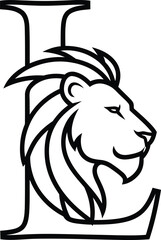 Stylized black outline of a lion's head integrated with the letter L alphabet animal