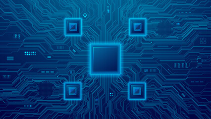 Empty AI chip and semiconductors on circuit board on a technology blue background. Abstract Artificial Intelligence Concept. Computer motherboard texture or pattern. Digital vector illustration. 