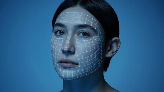 Facial recognition biometric technology with hyper detailed grid mapping on woman face showing advanced personalization in biometric security system