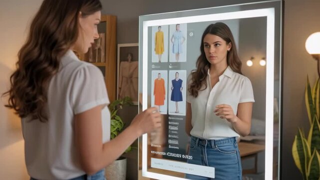 Smart woman explores hyper interactive smart mirror technology for dress shopping personalization cozy modern room with plants and warm soft lighting