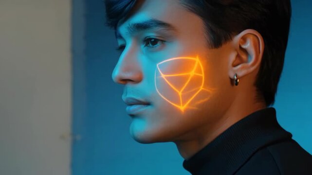 Hyper futuristic face technology glowing geometric shapes on young man cheek profile with focused expression and blue background personalization