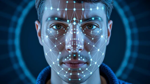 Facial recognition technology with hyper detailed digital grid mapping male face for secure identity verification and personalized identification